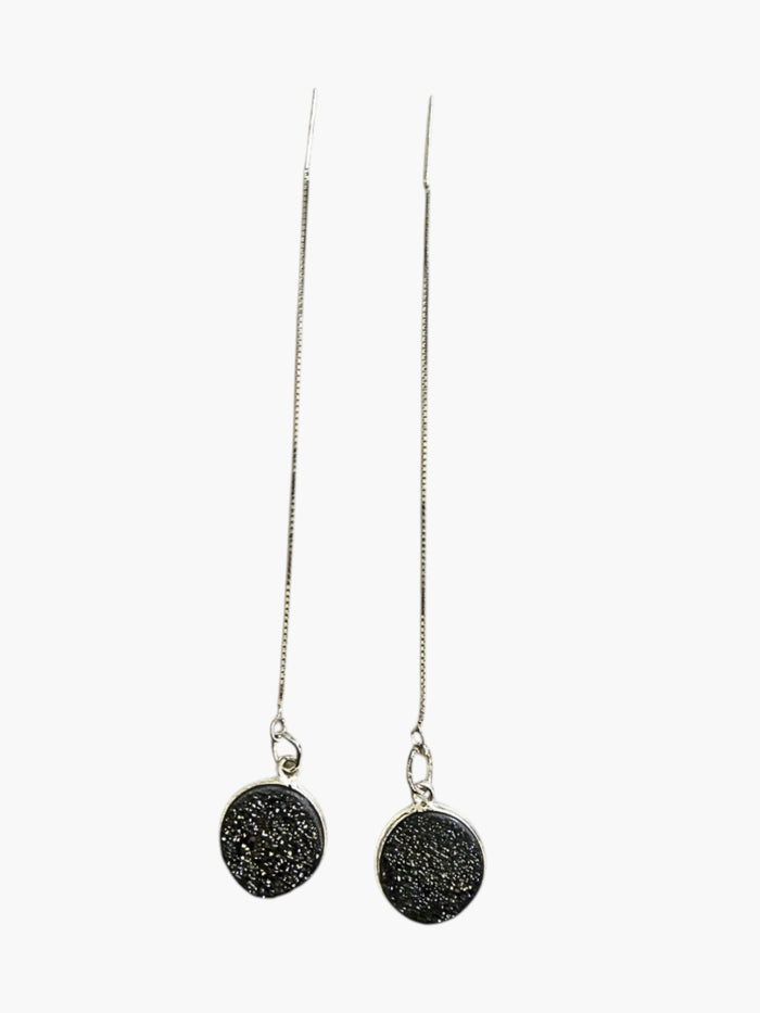 stem&stone dark grey druzy quartz threader earrings, 10mm round, 925 sterling silver chain, 5.5" length
