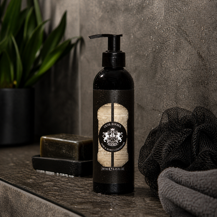 Dear Barber hair and beard conditioner bottle on dark bathroom countertop with towel and soap tray
