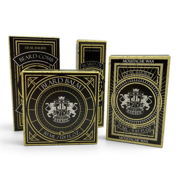 Dear Barber Beard Care Essentials gift set boxed products including beard balm, beard oil, moustache wax and beard comb