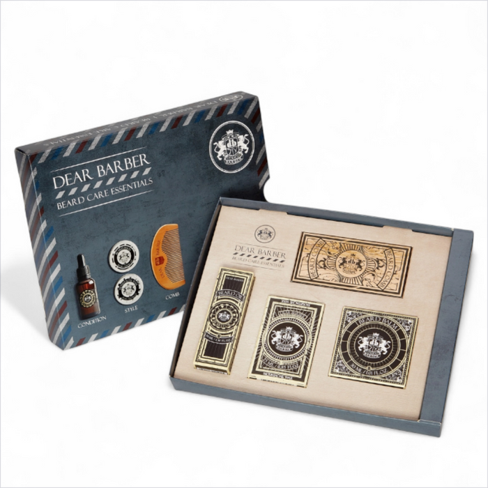 Open Dear Barber Beard Care Essentials presentation box showing beard grooming products and accessories