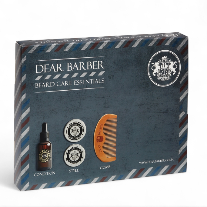 Closed Dear Barber Beard Care Essentials gift set presentation box on white background