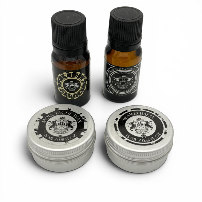 Dear Barber Mini Grooming Collection set contents including beard oil, eau de toilette, moustache wax and beard balm on a white background