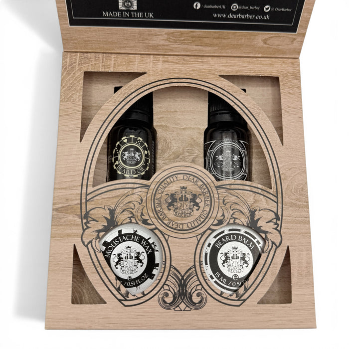 Dear Barber Mini Grooming Collection presented inside gift box with grooming products arranged neatly