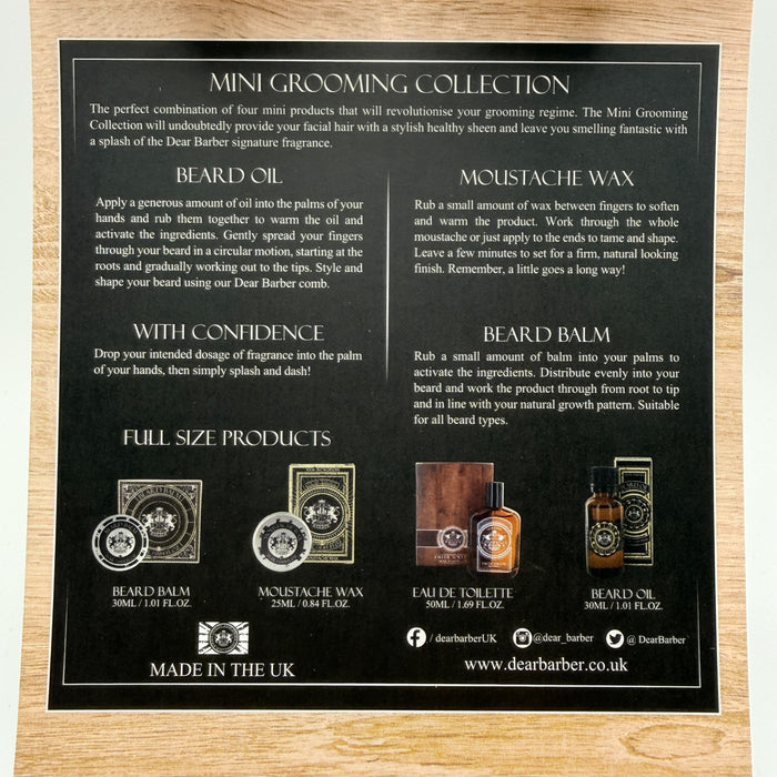 Inside lid of Dear Barber Mini Grooming Collection showing product information and contents details