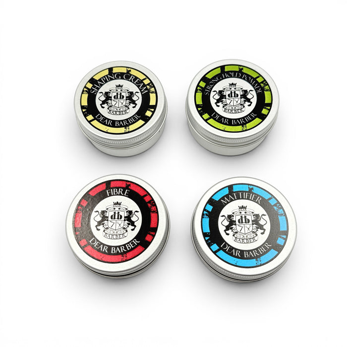 Top view of Dear Barber mini hair styling products set with four styling tins
