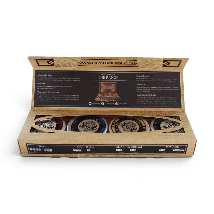 Open Dear Barber wooden gift box with mini hair styling collection inside