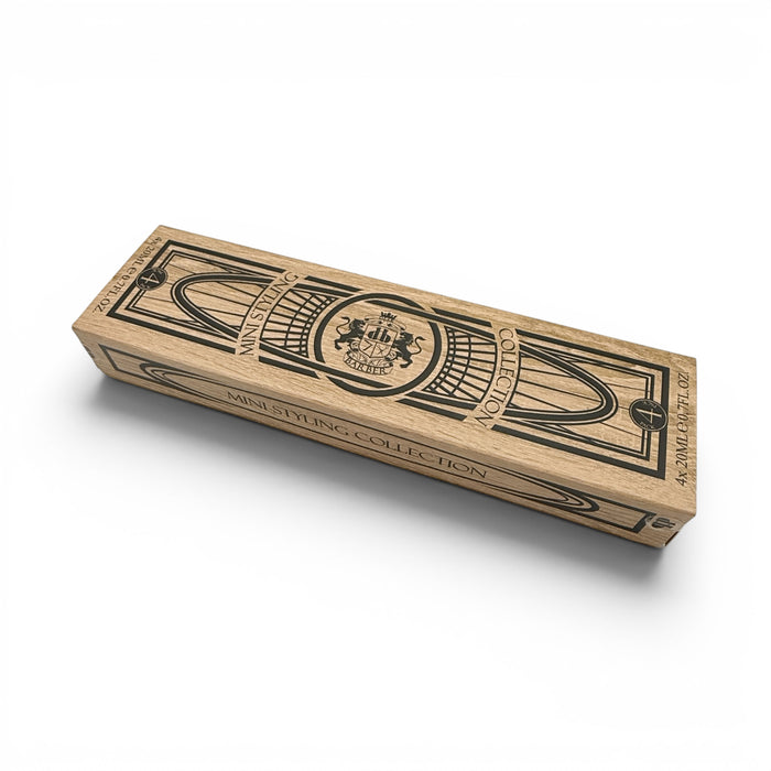 Closed Dear Barber wooden presentation box for mini styling collection set