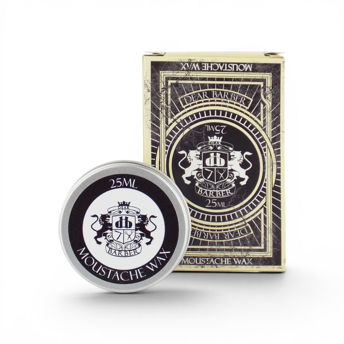 Dear Barber Moustache Wax tin displayed with branded packaging