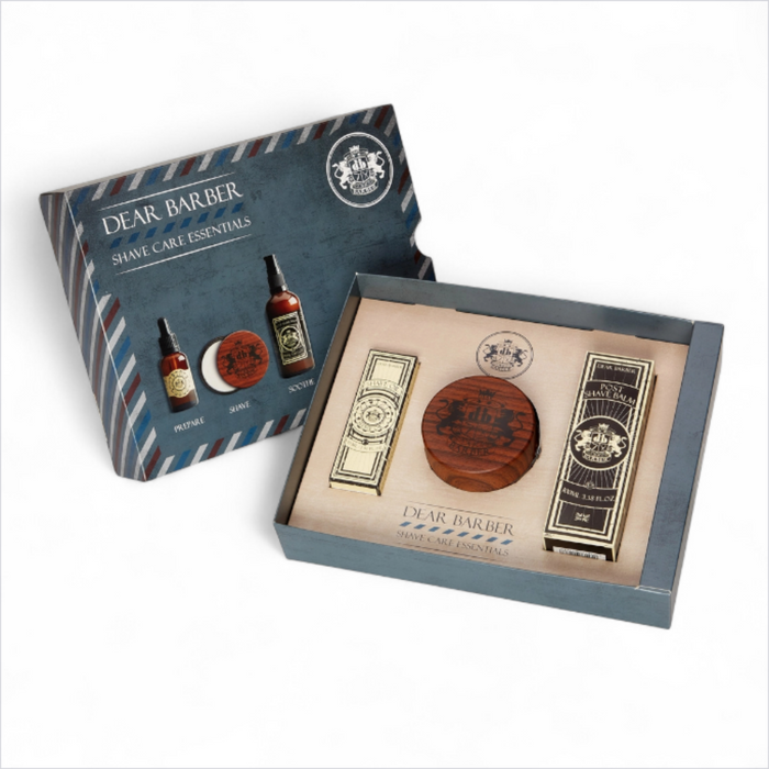 Open Dear Barber Shave Care Essentials Gift Set presentation box showing included products