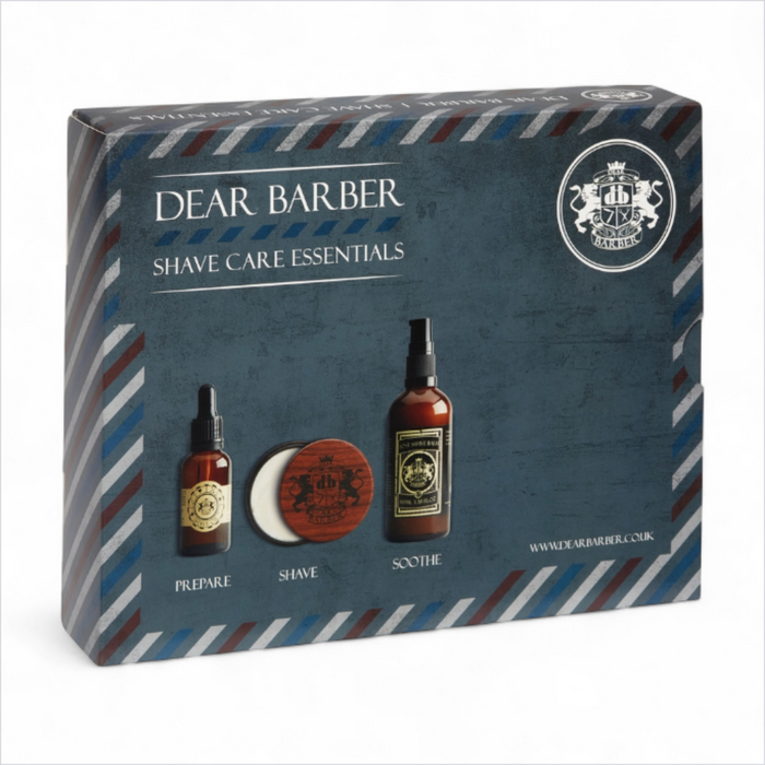 Dear Barber Shave Care Essentials Gift Set in presentation box on a white background