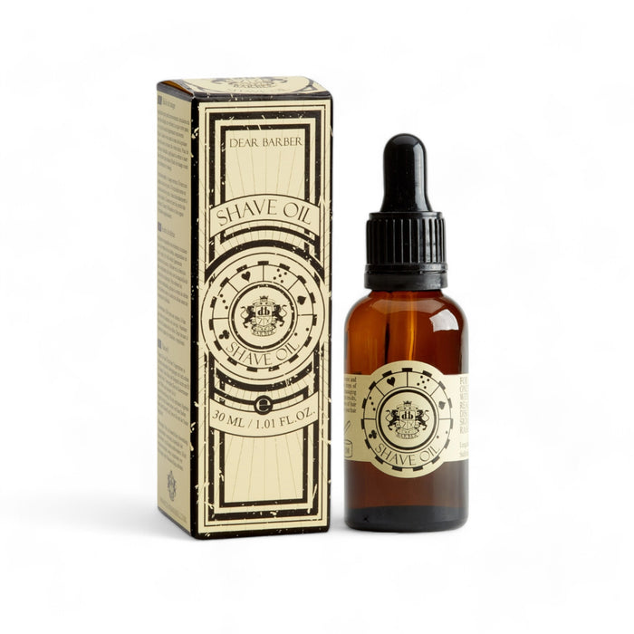 Dear Barber Shave Oil 30ml bottle with presentation box on white background