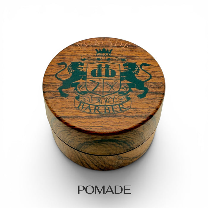 Dear Barber Strong Hold Pomade 100ml closed wooden effect pomade container on white background
