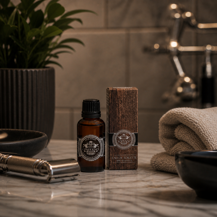 Dear Barber With Confidence Eau De Toilette 30ml in a luxury masculine grooming scene with dark stone textures and classic shaving accessories