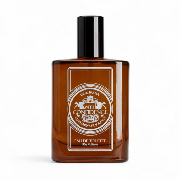 Dear Barber With Confidence eau de toilette 50ml amber glass bottle on white background
