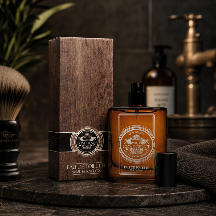 Dear Barber With Confidence Eau De Toilette 50ml in a luxury masculine grooming scene with dark stone textures and classic shaving accessories