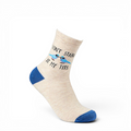 Don’t Stare At My Tits novelty socks beige and blue main view with text design