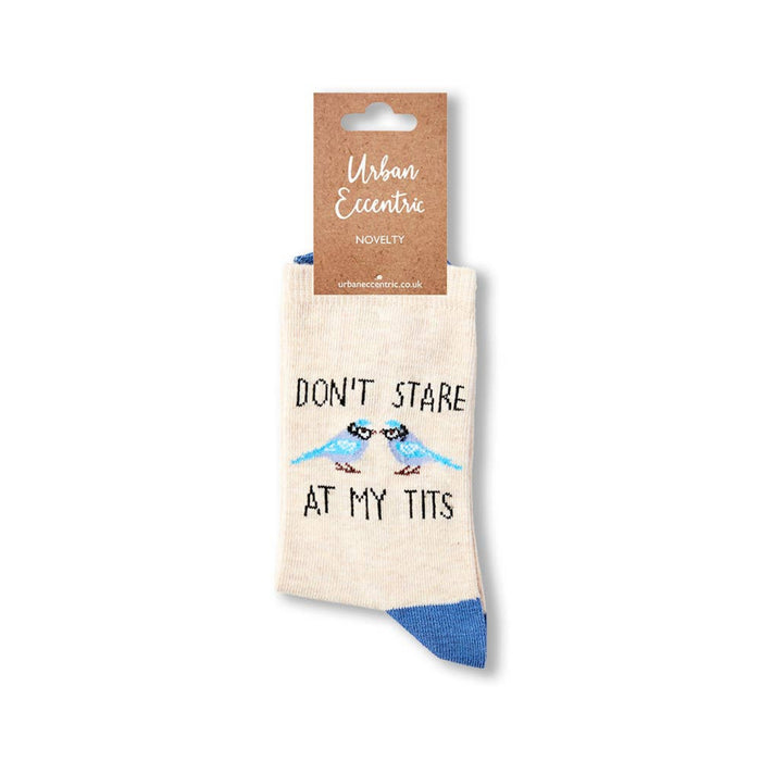 Don’t Stare At My Tits socks with retail tag visible