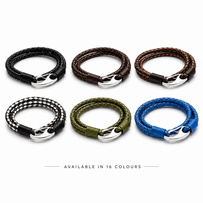 Six braided leather wrap bracelets in different colours with stainless steel clasps, showing one style available in 16 colour options.