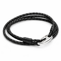 Double wrap braided leather bracelet in black with stainless steel clasp on a clean white background