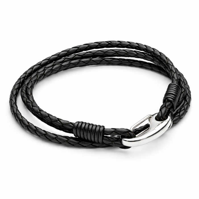 Double wrap braided leather bracelet in black with stainless steel clasp on a clean white background