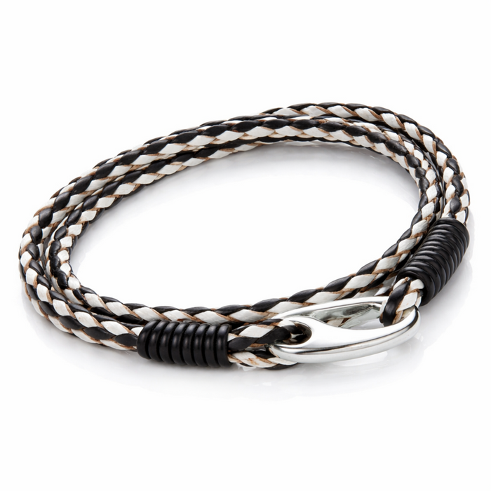 Double wrap braided leather bracelet in black and white with stainless steel clasp on a clean white background
Double wrap braid