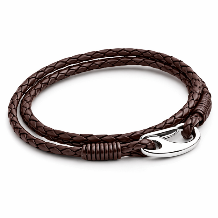 Double wrap braided leather bracelet in brown with stainless steel clasp on a clean white background