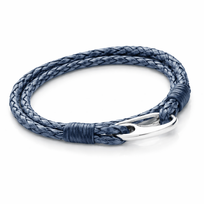 Double wrap braided leather bracelet in denim blue with stainless steel clasp on a clean white background