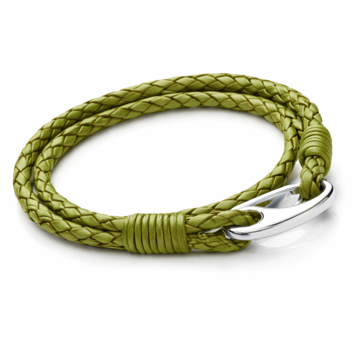 Double wrap braided leather bracelet in green with stainless steel clasp on a clean white background