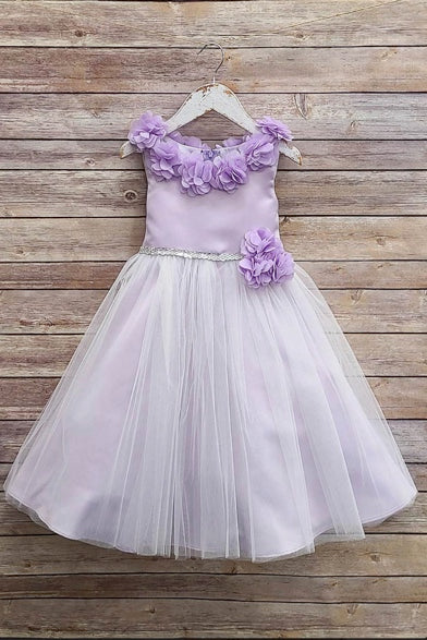 DULL SATIN AND TULLE DRESS WITH CHIFFON FLOWERS