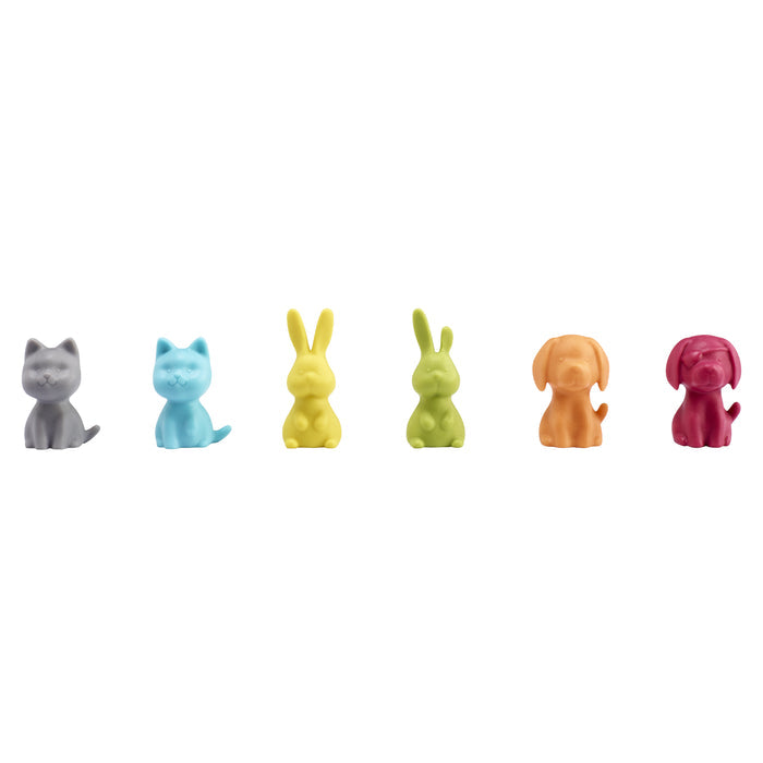 Colorful animal figurines arranged in a row on a white background