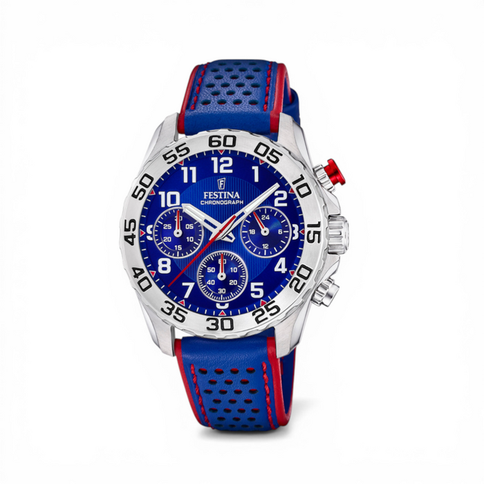 Festina junior chronograph watch with blue dial stainless steel case and blue leather strap with red detailing