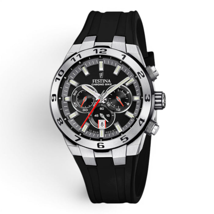 Festina Chrono Bike 2024 watch with black dial and black rubber strap on a white background