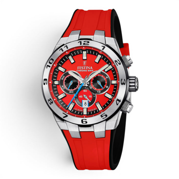 Festina Chrono Bike 2024 watch with red dial and red silicone strap on a white background