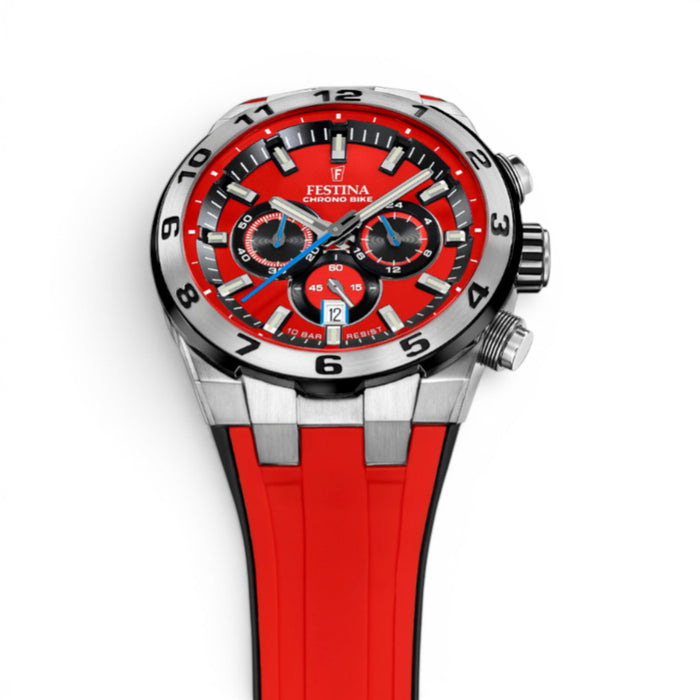 Angled view of Festina Chrono Bike 2024 watch with red silicone strap and red chronograph dial