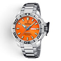 Festina watch with orange face and silver metal strap on white background