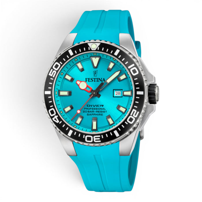 Festina diver watch with turquoise dial and turquoise silicone strap on a white background