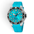 Festina diver watch with turquoise dial and turquoise silicone strap on a white background