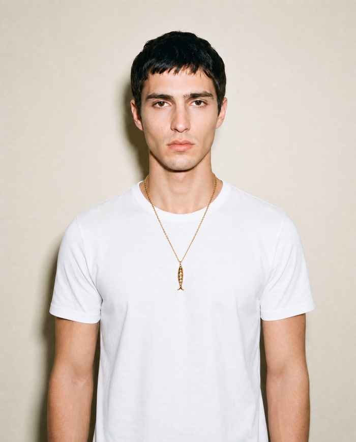 Fish chain necklace for men, stainless steel gold tone pendant, fisherman gift for him