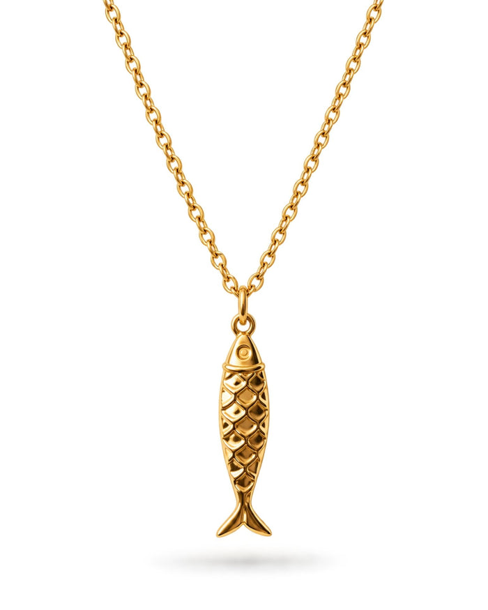 Fish chain necklace for men, stainless steel gold tone pendant, fisherman gift for him