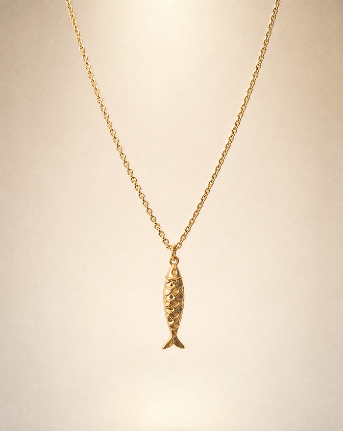 Fish chain necklace for men, stainless steel gold tone pendant, fisherman gift for him