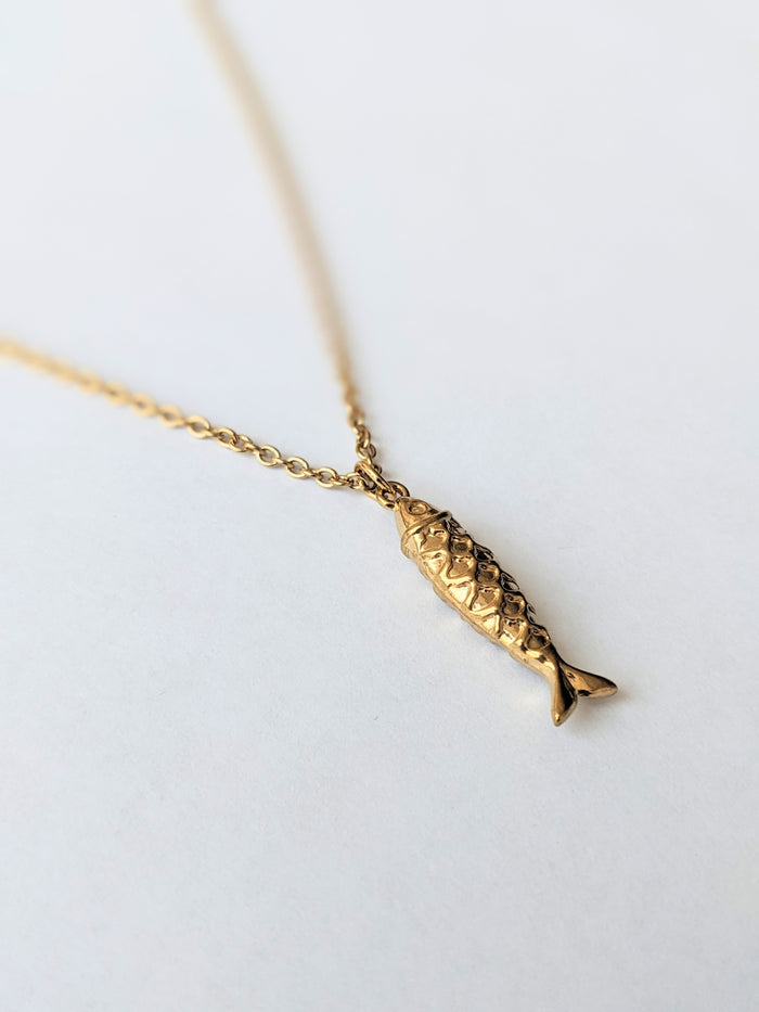 Fish chain necklace for men, stainless steel gold tone pendant, fisherman gift for him