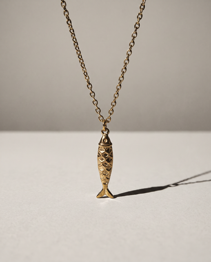 Fish chain necklace for men, stainless steel gold tone pendant, fisherman gift for him