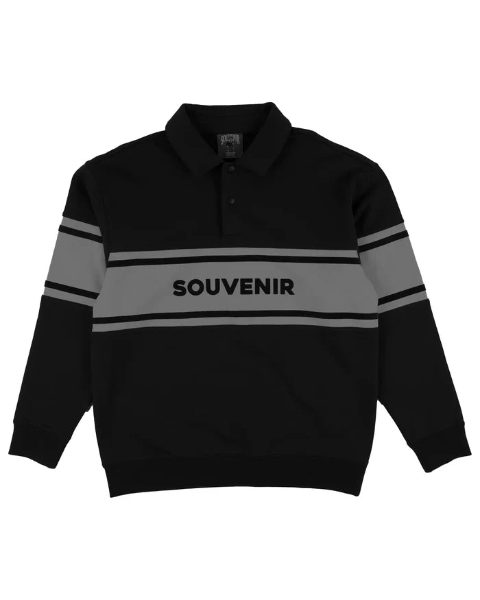 Fleece Rugby Long Sleeve Polo Shirt - Black