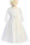 FLORAL LACE 3/4 SLEEVE WITH SATIN&CRYSTAL TULLE FLORAL PATCH AT WAIST