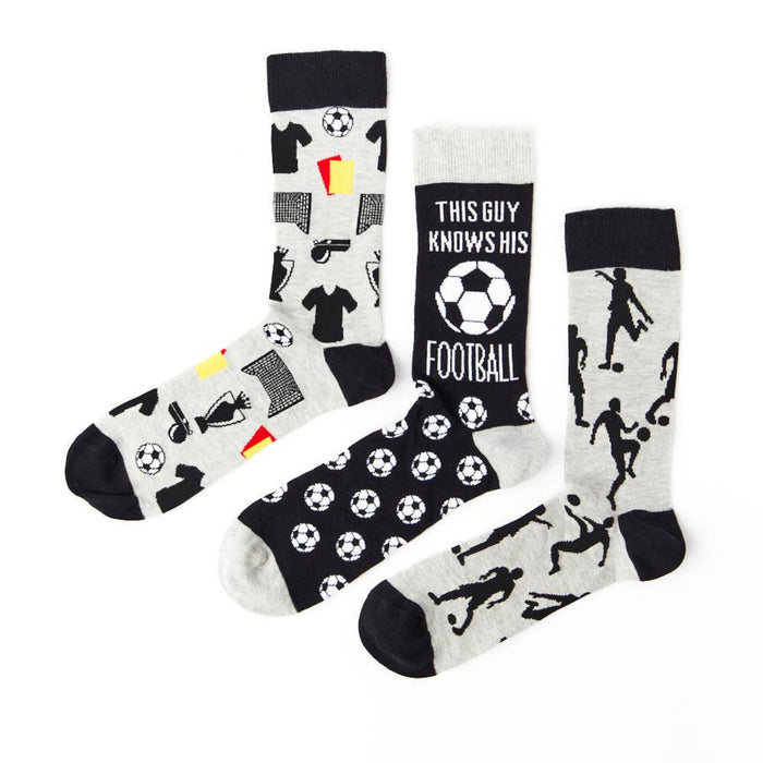 football themed socks gift box with three pairs in black and white designs