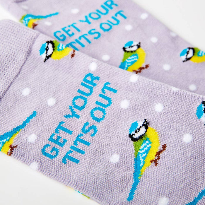 close up of Get Your Tits Out socks showing bird design and text