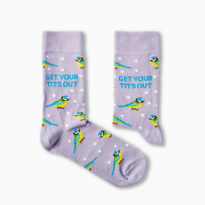 pair of Get Your Tits Out novelty socks laid flat showing full bird design
