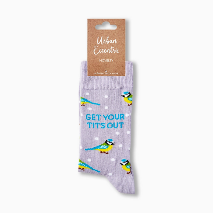 Get Your Tits Out socks with retail tag visible