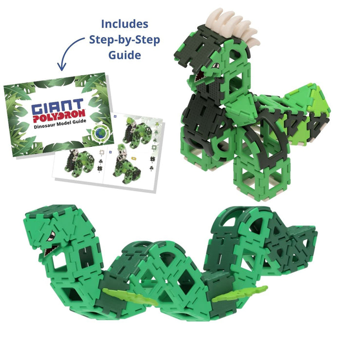 Green dinosaur model building set with step-by-step guide on a white background