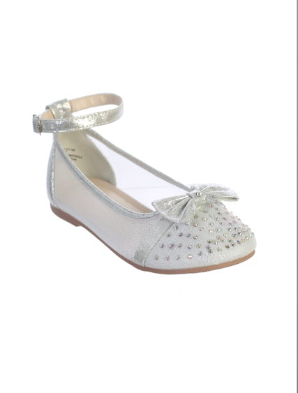 GIRLS MESH RHINESTONE STUDED FLATS WITH A BOW ACCENT
